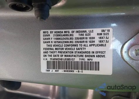 2018 Honda Cr-V Ex-L/Ex-L Navi из США, поврежденный, VIN 7FARW2H81JE085157